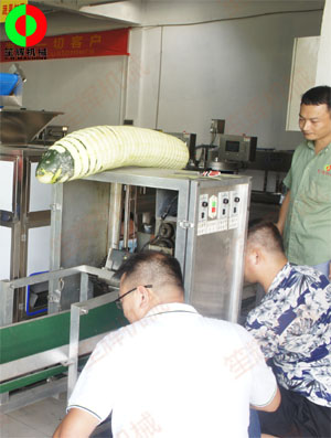 東莞客戶來廠現(xiàn)場測試臥式冬瓜削皮加工機(jī)械設(shè)備！